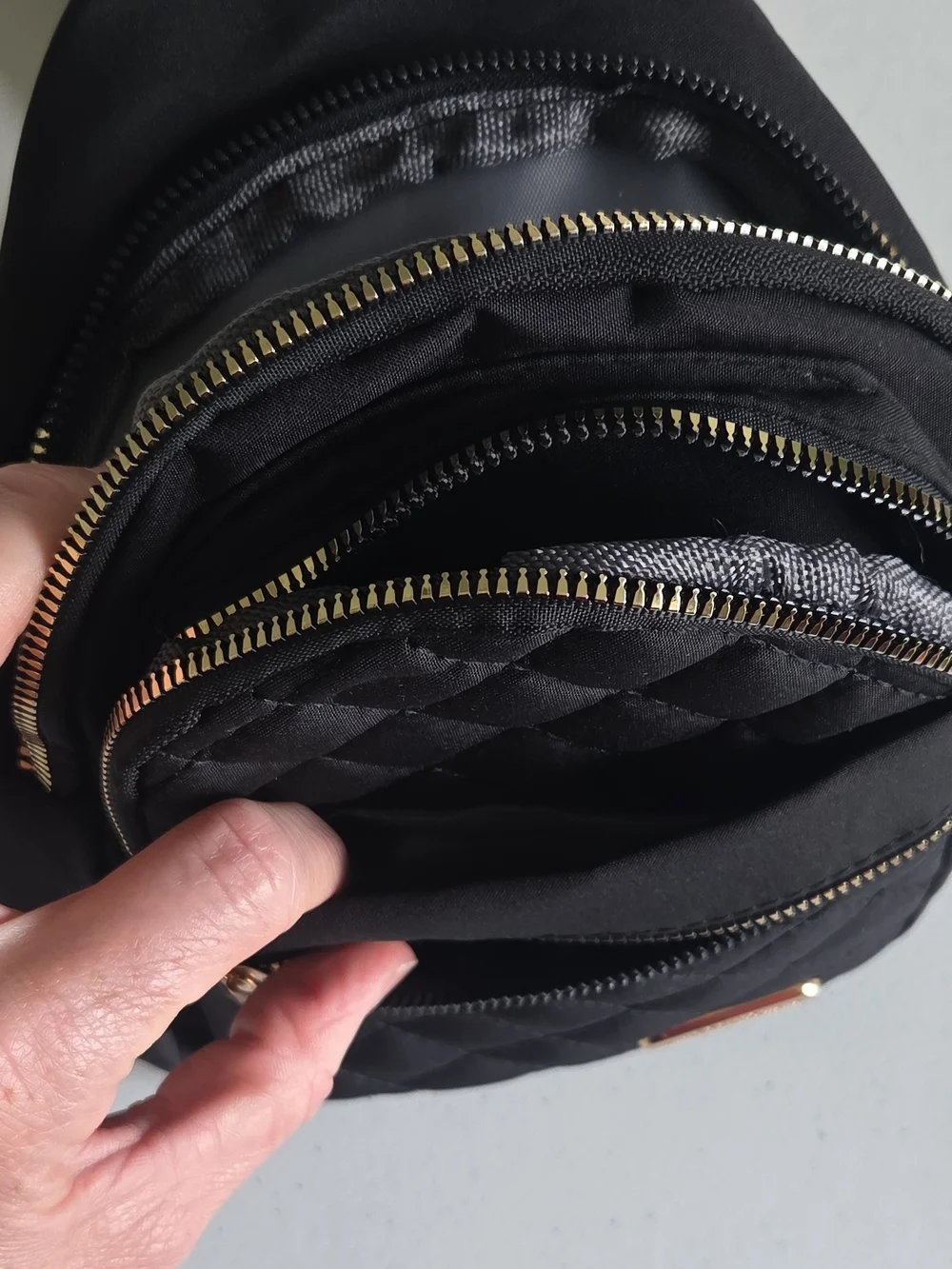 Black Quilted Chest Bag Crossbody Sling with Gold Hardware